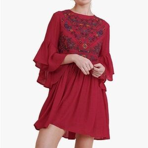 Umgee Floral Embroidered Cottagecore Keyhole Back Bell Sleeve Mini Dress Size S